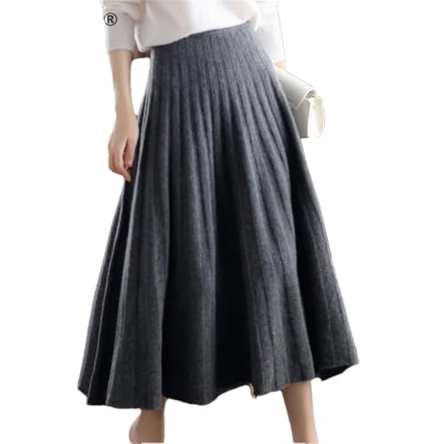 Women Fall Pleated Thicken Elegant Winter Long Cashmere Knit Skirt Elastic Waist 100% Wool Skirt Gray M