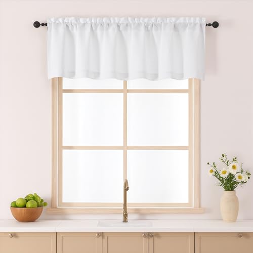 Gwine White Window Valance for Kitchen, Light Filtering Short Curtain Valance, Soft Airy Rod Pocket Small Window Treatment for Bathroom Bedroom Basement RV Camper, 60Wx16L inch, 1 Piece, White