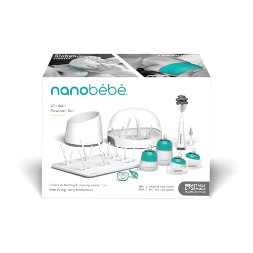 Image of Nanobebe Breastmilk and Silicone Baby Bottle Ultimate Set Gen 2, 5oz and 9oz - with Sterilizer, Drying Rack, Anti-Colic Nipples, Pacifiers, and Warmer - Teal /Grey