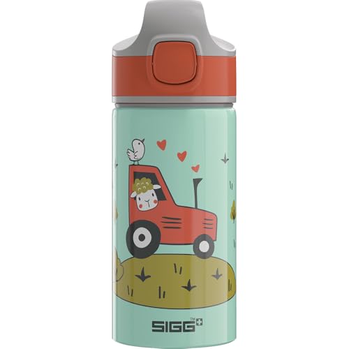 Sigg - Alu Trinkflasche Kinder - Miracle Tractor - Mit Trinkhalm - Auslaufsicher - Federleicht - BPA-frei - Klimaneutral Zertifiziert - Schule & Sport - Wassergrün & Orange mit Traktor - 0 4L