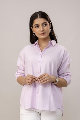 Image of Women's Linen Blend Shirt | Casual Collared Button Down Shirt for Women | Solid Color Full Sleeve Oversized Fit | Summer Casual & Office Wear Top