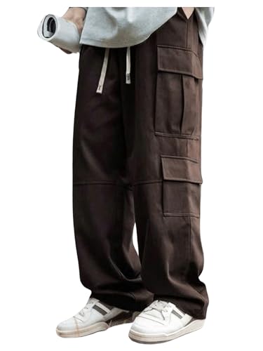 Men's Wide Leg Cargo Pants Drawstring Flap Pockets Hip Hop Baggy Track Pants Streetwear