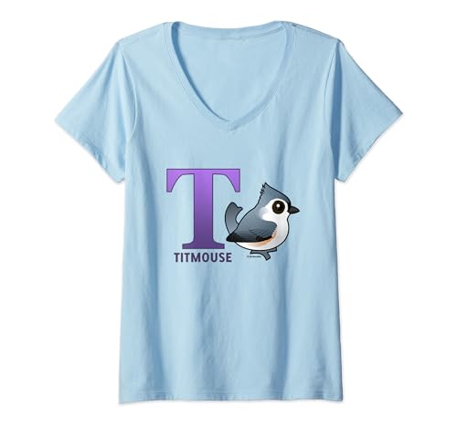 Womens Cute Titmouse Cartoon Bird Birdorable | T is for Titmouse V-Neck T-Shirt