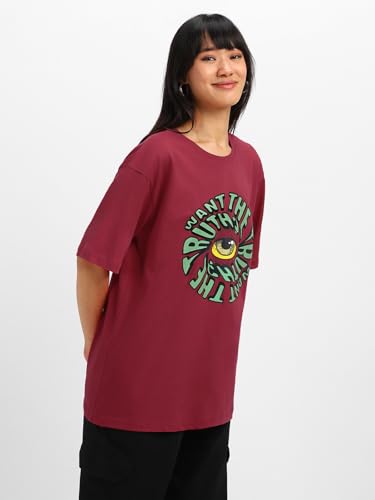 Image of JUNEBERRY Oversized Loose Baggy Fit Drop Shoulder Half Sleeves Pure Cotton Want The Truth Swan White & Viva Magenta Graphic Printed Cool Boyfriend T-Shirt for Women