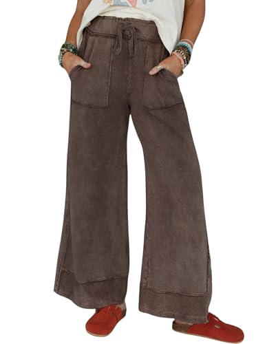 Athlisan Womens Casual Wide Leg Sweatpants Acid Wash Elastic Waisted Palazzo Pants Trousers with Pockets(Coffee-M)
