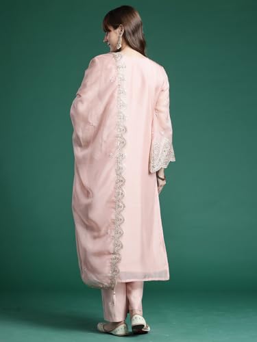 Image of INDO ERA Women's Straight Organza Ethnic Motifs Embroidered Kurta and Pant with Dupatta Set (KH9PH10614)