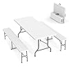 VINGLI Picnic Table Set with 2 Benches, 6 Feet Camping Table Chair Set,3-Piece Folding Furniture for Indoor or Outdoor Use, Smooth Tabletop, White