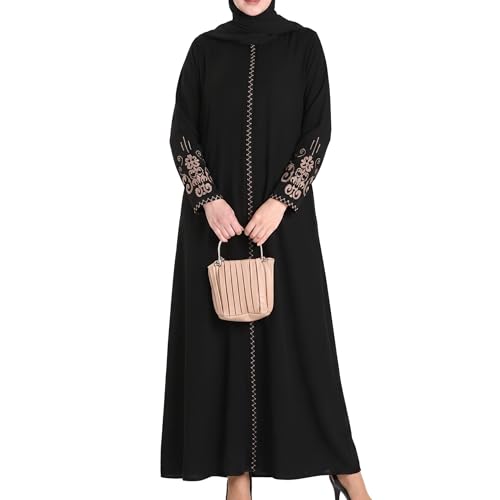 Women's Embroidered Sleeves Abaya and Embroidered On The Side of The Zipper Long Sleeve Floor Length Turkish Islamic Fashion (Black, XX-Large)