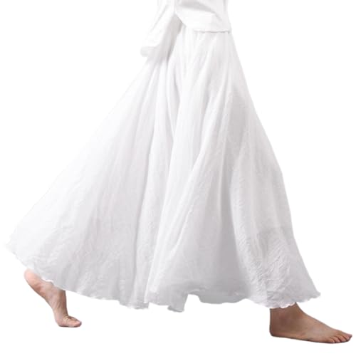 Linen Maxi Skirt White Bohemian Long Skirt with Pleats A-Line Double Layer Summer Elastic Waist 33.5 in Long Flowy Beach Maxi Dress for Women, Girl, Linen Skirts for Women