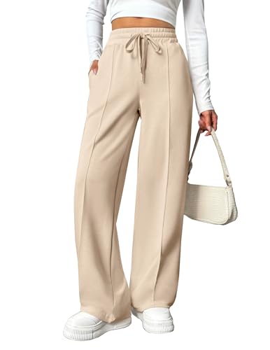 PINSPARK Wide Leg Pants for Women High Waisted Baggy Long Pant Straight Leg Drawstring with Two Side Pockets Bone PM