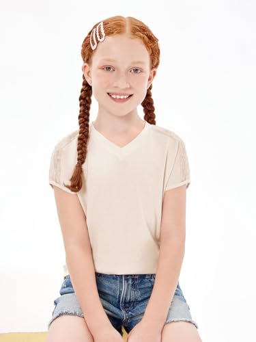 Haloumoning Girls V Neck T-Shirts Kids Summer Swiss Dot Short Sleeve Tops Cute Fashion Tees 5-14 Years3