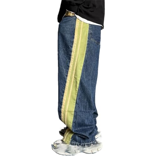 Men’S Hip Hop Trendy Patchwork Baggy Straight Stacked Denim Skateboard Pants Slim Fit Button Fly Spliced Full Length Jeans