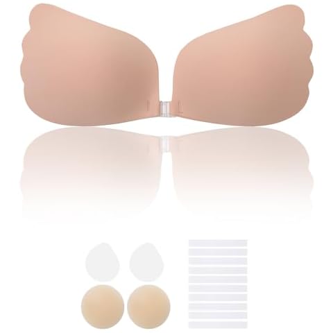 Lolaura Invisible Sticky Bra for Women - Strapless Adhesive Bra, Lycra Style, Seamless Push up Lightweight, Perfect for Backless Dresses, Reusable & Washable, with 1 Pair 3inch Nipple Cover, Nude Cover