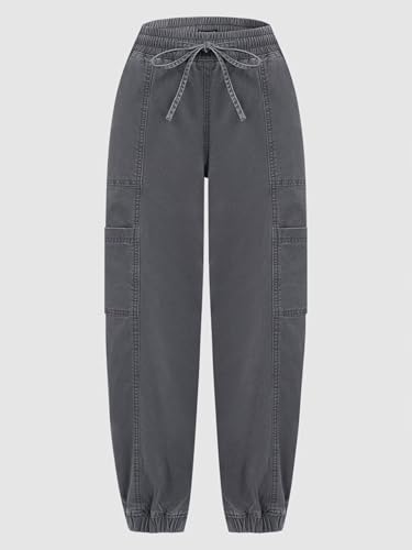 Flamingals Women's Straight Leg Pants High Rise Barrel Leg Cargo Drawstring Multi Pockets Cropped Jogger Pants4