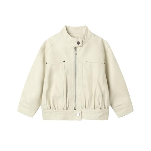 LittleSpring Chaqueta de piel sintética para niños y niñas, abrigo de motocicleta con cremallera a presión, Beige, 5 años