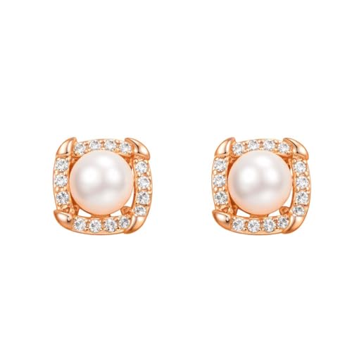 Image of Nilu's Collection Rose Gold Plated Triangular Design Pearl Stud Earrings With American Diamond for Women And Girls | Gift For Her | Anti- Allergy |Anti-Tarnish | Office Wear