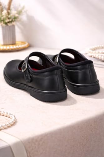 Image of Girls School Shoes, Black Leather, Adjustable Buckle Strap, Anti-Slip Sole, Cushioned Footbed