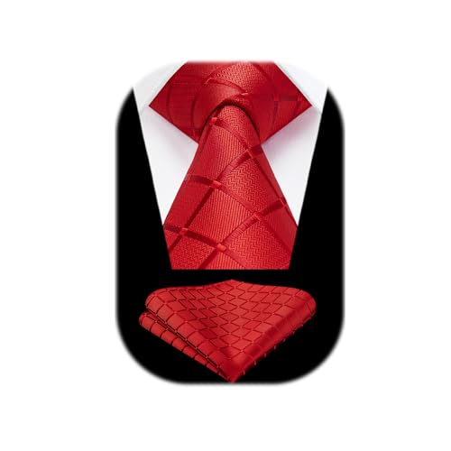 HISDERN Herren Krawatte Rot Formelle Klassische Karierte Krawatten mit Einstecktuch Hochzeit Herrenkrawatte und Taschentuch Set für Männer