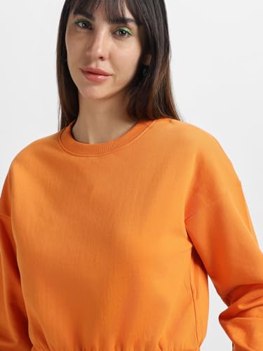 Image of JUNEBERRY Cotton Poly Fleece Regular Fit Pink, Purple Green & Orange Solid Full Sleeve Sweatshirt for Women
