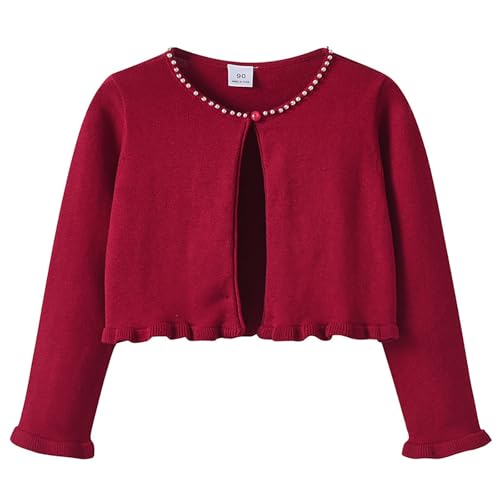 Kids Wooden Ear Edge Pearl Cardigan for Girls Open Front Closure Knitted Outwear Jackets Baby Pearl (2-Wine, 4-5 Years)