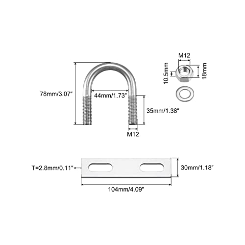 Image of uxcell Round U-Bolts, 44mm(1.73 inch) Inner Width 78mm Length M12 304 Stainless Steel U Clamp Bolt with Nuts Washers and Plates, for Boat Trailer