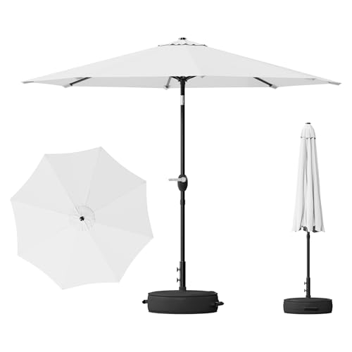 Image of Greesum Outdoor Patio Umbrella with Base, Table Umbrella with 8 Sturdy Ribs, Push Button Tilt and Crank, Market Table Parasol for Garden, Lawn, Backyard & Pool, White