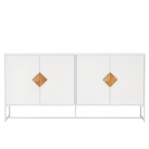 HAINEW Armario de cocina con 4 puertas y tiradores de madera, armario auxiliar con base de metal para salón comedor, color blanco, 160 × 40 × 75,5 cm