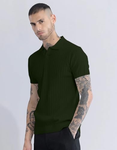 Image of Veirdo Men's Casual Ribbed Polo Collar Knit T-Shirt | Regular Fit Half Sleeve Polo for Men | Flat Knit Textured T-Shirt Perfect for Office, Party, Travel