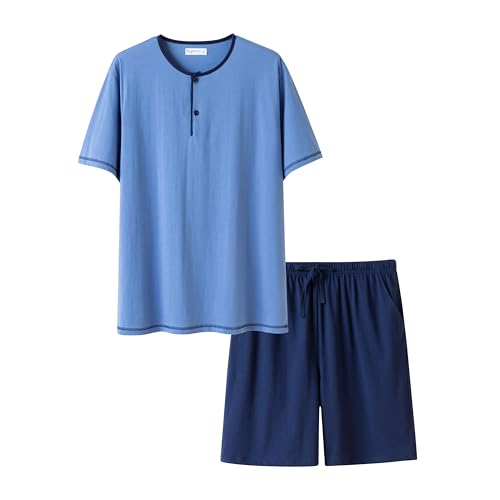 Keyocean Mens Henley Pajama Set, Soft Cotton Short-Sleeve T-Shirt & Shorts Summer PJ Set for Sleeping