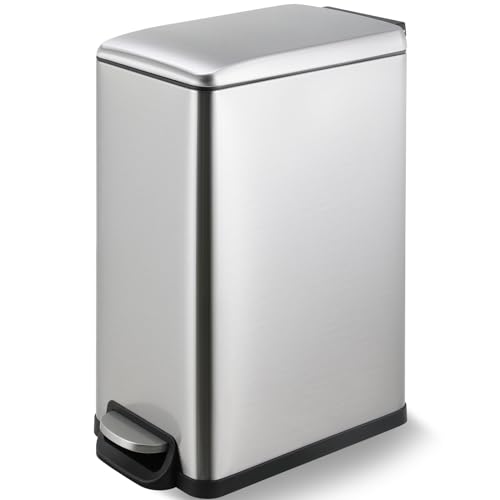 Arlopu 13.2 Gal Slim Kitchen Trash Can with Lid, 50L Stainless Steel Garbage Can, Large Kitchen Rubbish Can, Step Trash Bin w/Foot Pedal and Inner Bucket, Bathroom Trash Can Airtight,Silver