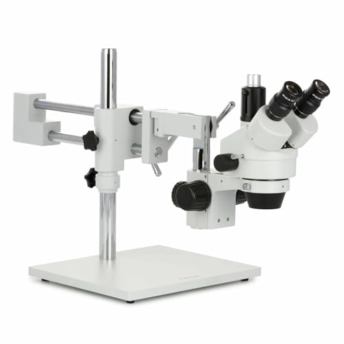 Image of AmScope SM-4TX-FRL Professional Trinocular Stereo Zoom Microscope, WH10x Eyepieces, 3.5X-45X Magnification, 0.7X-4.5X Zoom Objective, 8W Fluorescent Ring Light, Double-Arm Boom Stand, 110V-120V, Includes 0.5X Barlow Lens