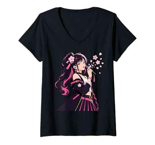 Women's Japanese J Pop Singer Anime Cartoon Sakura Cherry Blossoms V-Neck T-Shirt