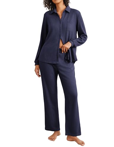 Ekouaer Womens Pajamas Set Long Sleeve 2 Pieces Loungewear Soft Waffle Knit Button Down Matching Sleepwear