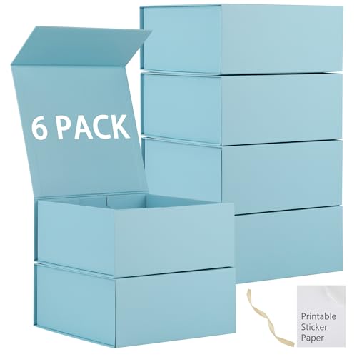 MUMUPACK 6 Pack Blue Gift Boxes With Lids,9x9x4 Inch Bridesmaid Proposal Box And Printable Stickers,Proposal Boxes With Ribbon For Wedding, Packaging, Present, Birthday