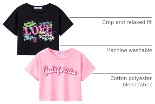 Image of Stylish Graffiti /Butterfly Graphic Crop Top for Girls -Cool Summer T-Shirt Soft Colorful 2-Pack Tees Size 6-18