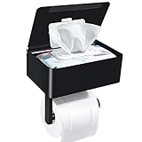 Bjiotun Toilet Paper Holder with Shelf - SUS304 Stainless Steel Toilet Paper Storage with Wipes Dispenser & Toilet Paper Roll Holder Wall Mount for Bathroom Storage, No Drill to Install - Matte Black