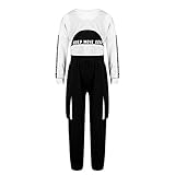 Runhomal 3 Stück Mädchen Sportanzug Set kapuzenpullover + Pants + BH Yoga Jogging Training Hip Hop Coolgirls Streetwear Kinder Jazz Kleidung Schwarz + Weiß 170-176/15-16 Jahre