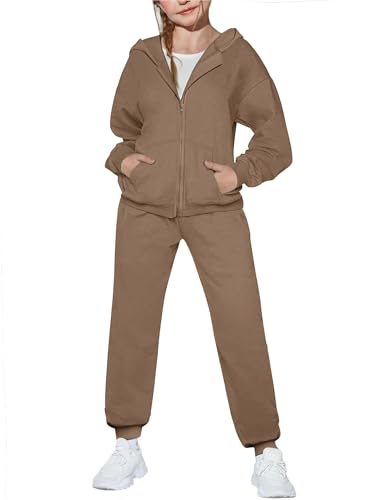 Arshiner Girls 2 Piece Outfits Brown Jogger Tracksuits Zip Up