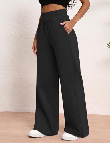 HeSaYep Women's Wide Leg Sweatpants Double Waisted Baggy Sweat Pants with Pockets3
