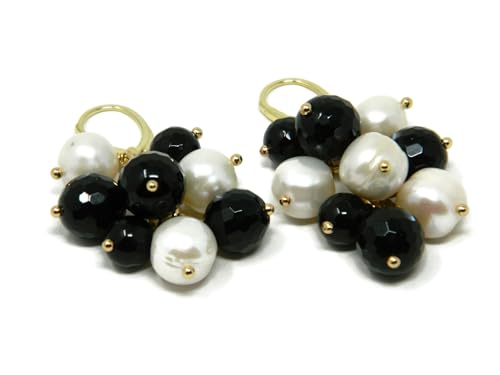 Boucles d'oreilles perles de rivière pendantes en argent plaqué or et onyx noir pour femme