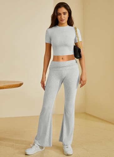 Two Piece Lounge Sets for Women Fold Over Flare Pants Short Sleeve Crop Top Y2k Outfits Matching Set Tracksuit2