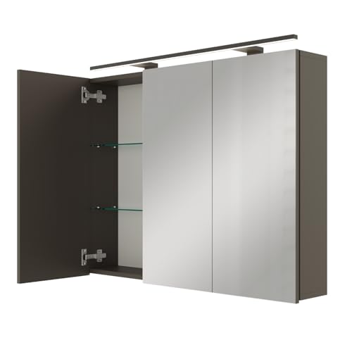 Planetmöbel ARIA Spiegelschrank Bad mit Beleuchtung 90 cm breit | Badschrank hängend mit Spiegel | Anthrazit, mit Leuchte und Steckdose, Spiegelschrank Gäste WC 90 x 70 x 16 cm