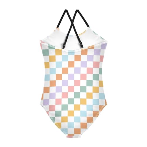 Rainbow Checkerboard Girls One Piece Swimsuits Geometric Sport Halter Swimwear Beach Bathing Suit 5-6T2