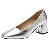 Eestfy Zapatos de Novia para Mujer Mary Janes Plateados con Tacón Ancho para Boda y Recepción Tacones Elegantes de Vestir Calzado Formal Cómodo,Plata,38 EU
