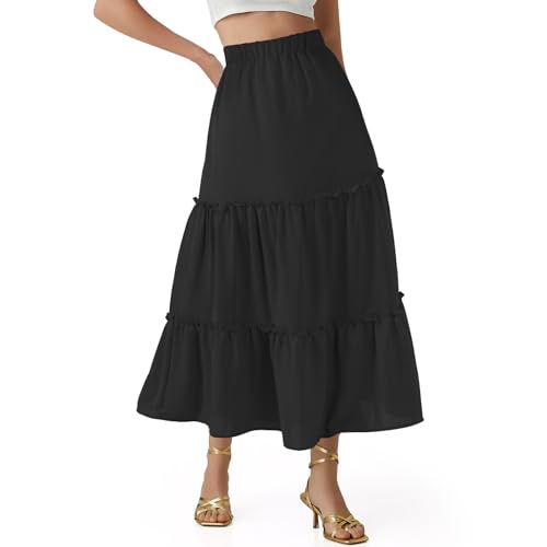 Jane Shine Women's Summer Boho Maxi A-Line Long Skirts Elastic High Waist Ruffle Swing Beach Dress with Lining