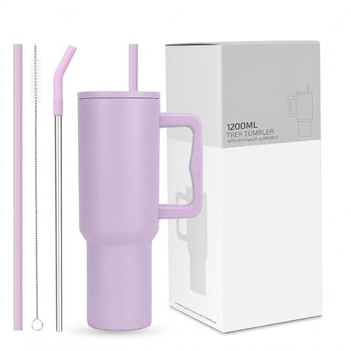 Image of 1200ml Stainless Steel Tumbler with Handle, Lid & Straw, Double Wall Insulated Travel Mug for Hot & Cold Drinks, Leakproof Large Capacity Cup for Office, Gym & Car Holder (Purple)