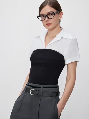 CIDER Shirts for Women Solid Collar Two Tone Patchy Regular Fit Short Sleeve Knit Shirt Blouse Tops2