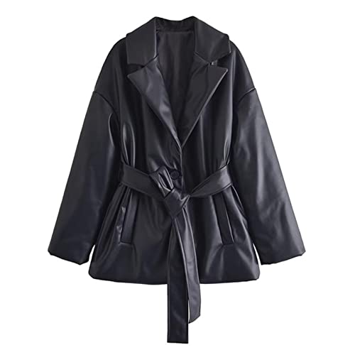Blazer vintage manches longues similicuir ceinture manteau noir
