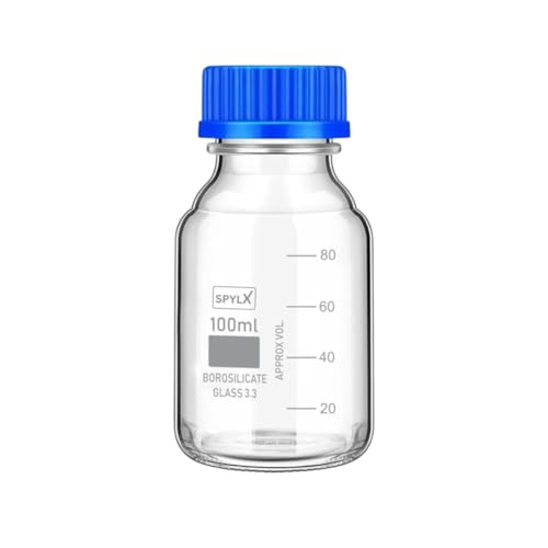 Image of Borosilicate Glass reagent bottle 100 ml with leak proof Blue Screw Cap pack of 1 for glassware wide mouth chemical bottles for lab, laboratory, kitchen and professional use
