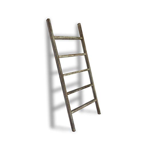 TNT DYNAMICS 48inch Wall-Leaning Blanket Ladder for Your Living Room- Decorative Rustic Farmhouse White Wash Wooden Quilt Rack- Towel Holder